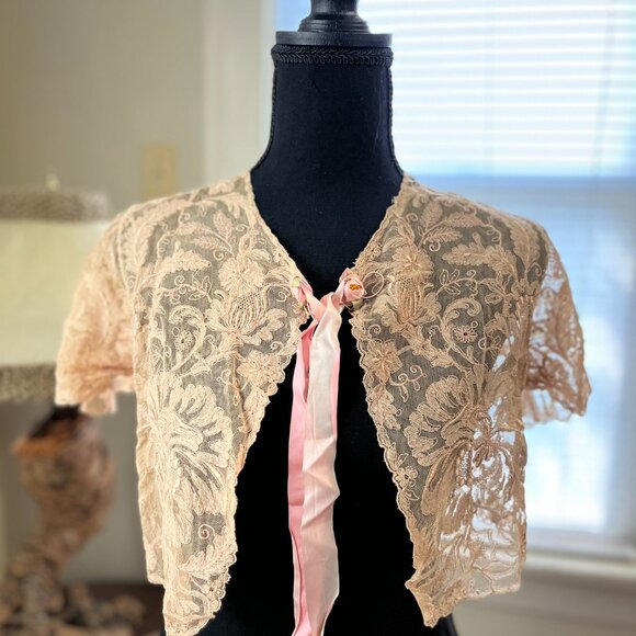 vintage coquette babydoll rosette fairy bow boudoir shrug crop lace jacket - Picture 5 of 7
